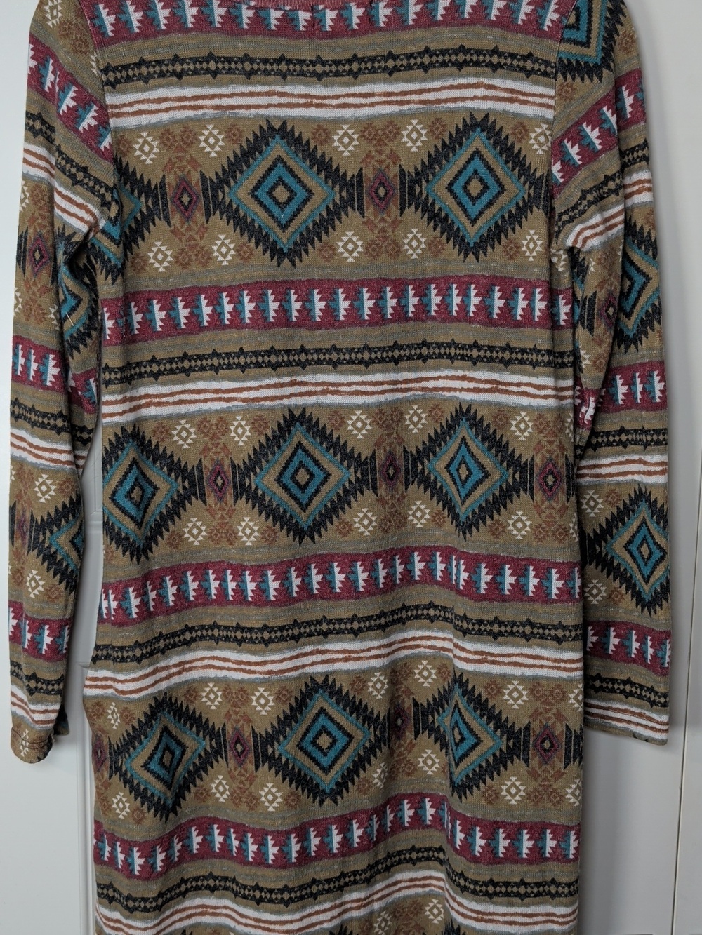 Aztec-Pattern Long Sleeve Tunic Dress - Teal & Tan - Picture 6 of 7